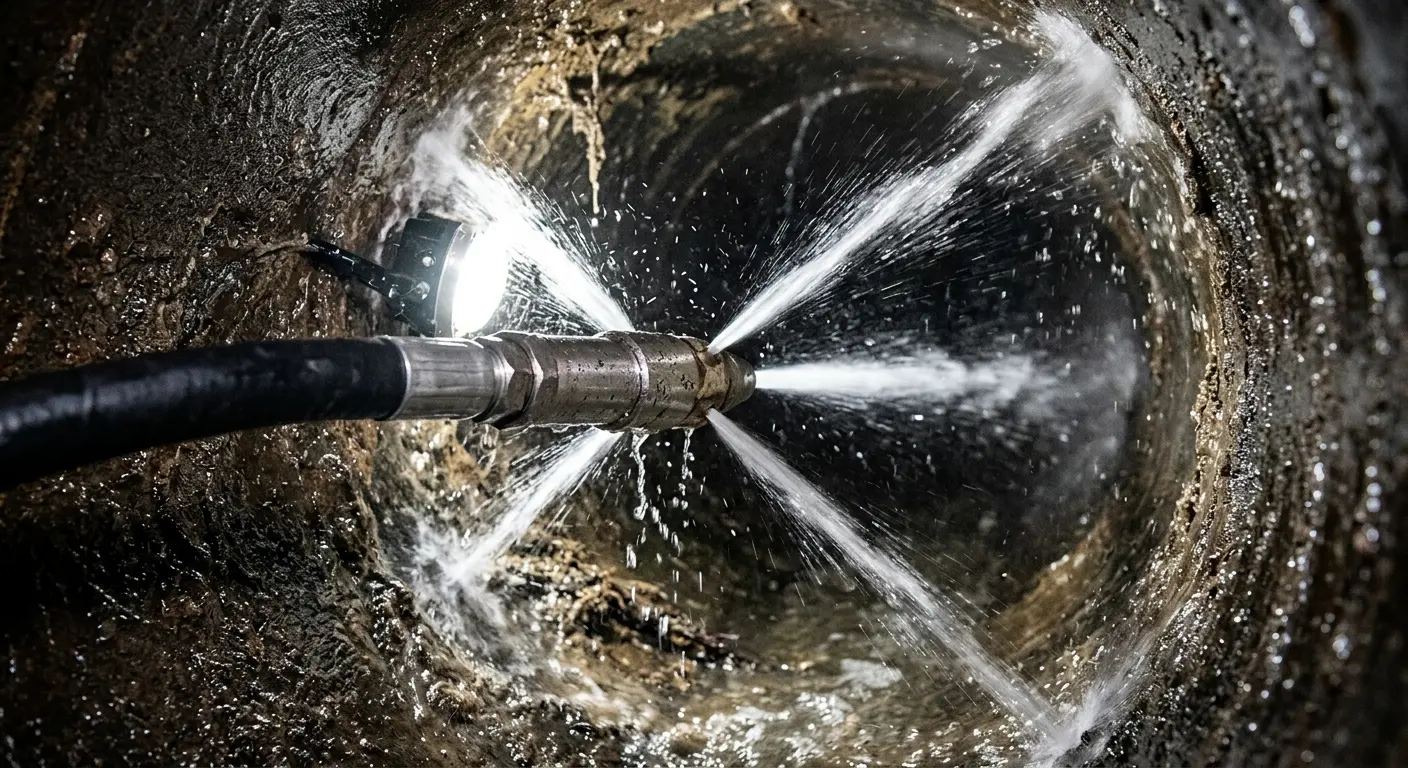 High-pressure hydro jetting nozzle cleaning sewer pipe for Trenchless Sewer Repair in Dayton